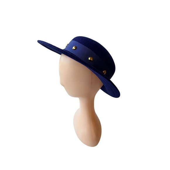 Vintage 1960s Navy Wool Wide Brim Hat with Ribbon & Gold Stud Trim Elegant - Picture 4 of 9